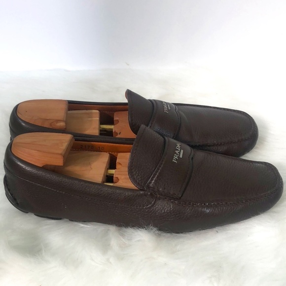 Prada Mens Brown Leather Round Toe Slip On Casual Loafer Shoes Size 10 Coa - Picture 4 of 10
